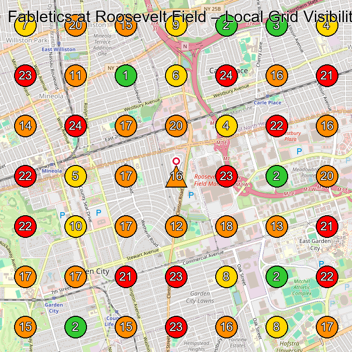 Fabletics at Roosevelt Field Sportswear Store GeoGrid ranking map for 630 Old Country Rd Space 2035 Garden